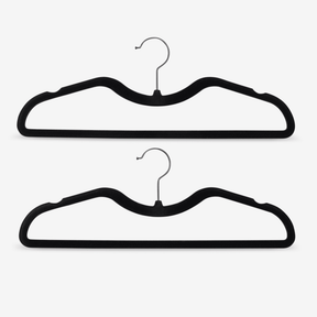 Two black velvet Travel hangers with silver metal hooks, Short neck to fit in Garment bags better