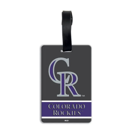 An official Colorado Rockies luggage tag featuring the silver and purple 'CR' logo and 'Colorado Rockies' wordmark on a black background with a black hanging strap. MLB PVC Luggage Bag Tag