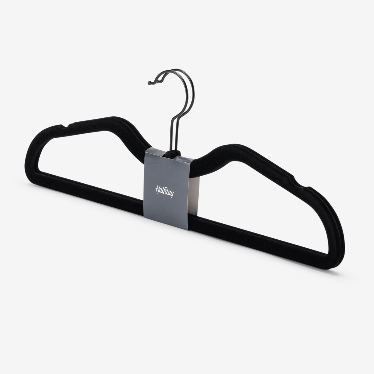 Two pack short neck black velvet Travel hangers with silver metal hooks. Made to fit Garment bags better