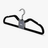 Two pack short neck black velvet Travel hangers with silver metal hooks. Made to fit Garment bags better