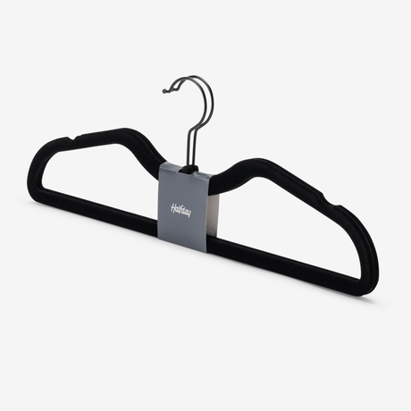 Two pack short neck black velvet Travel hangers with silver metal hooks. Made to fit Garment bags better