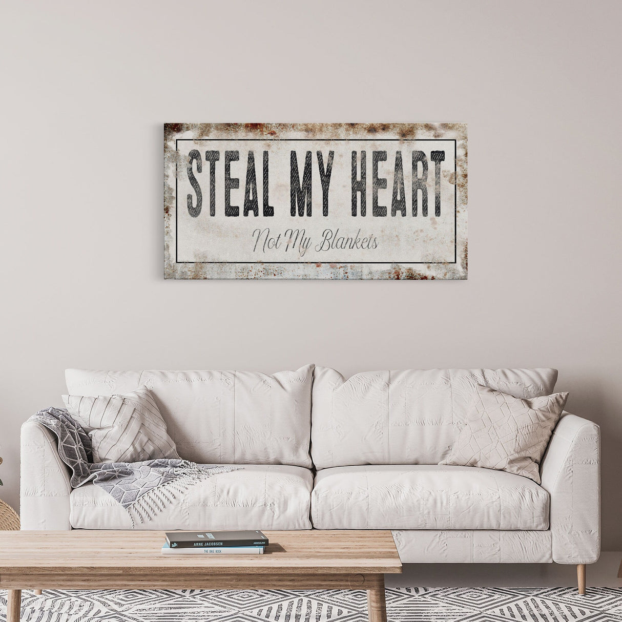 Steal my heart, not my blankets Printed Canvas Rusty Sign Distressed Wall Art Cute Sign Wood Frame Wood And Canvas Sign bedroom Sign