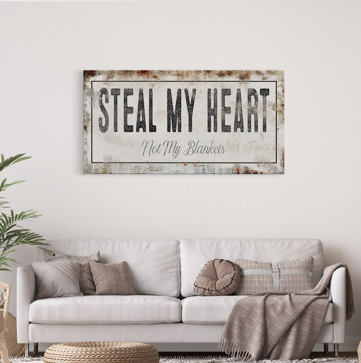 Steal my heart, not my blankets Printed Canvas Rusty Sign Distressed Wall Art Cute Sign Wood Frame Wood And Canvas Sign bedroom Sign