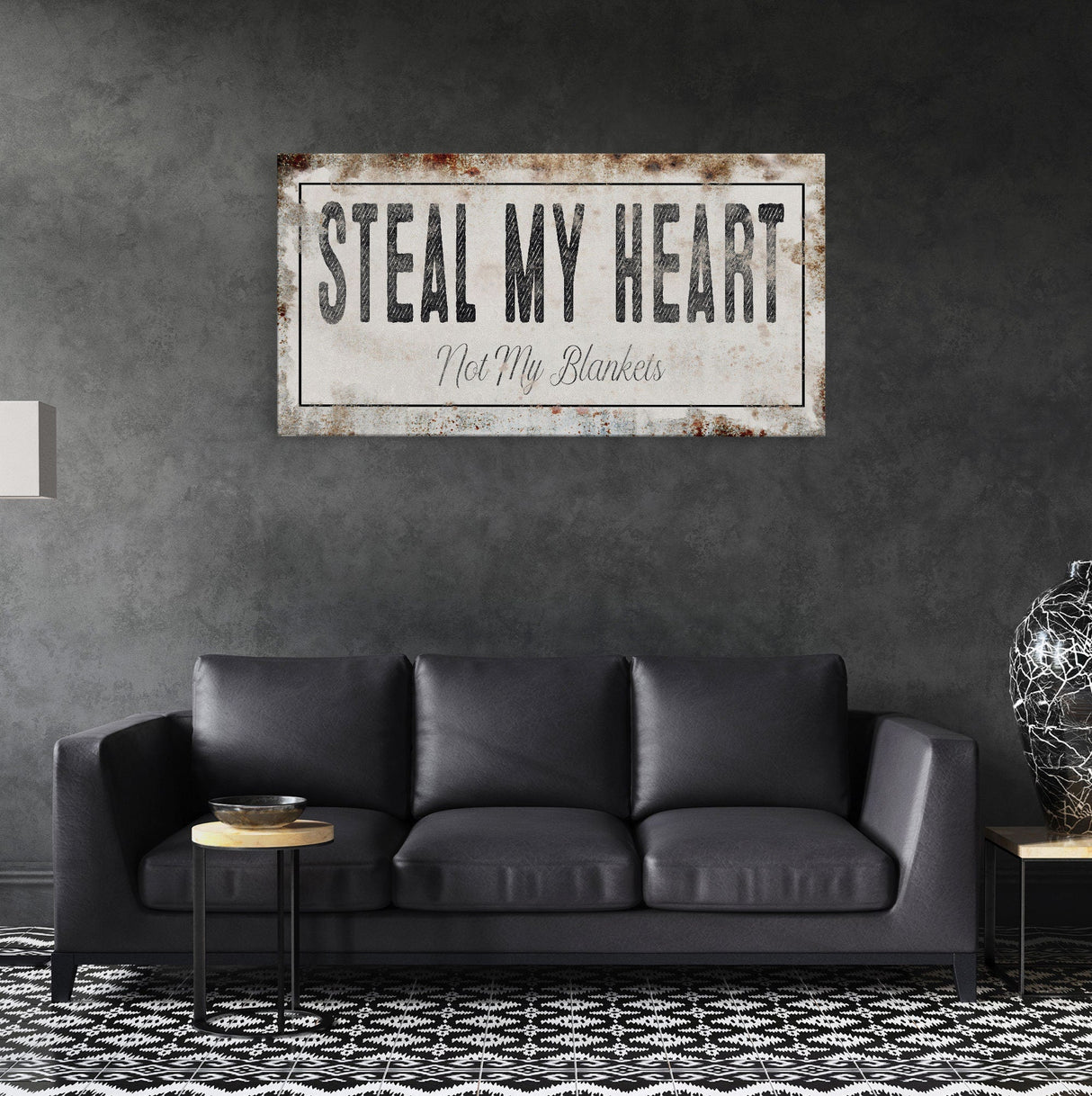 Steal my heart, not my blankets Printed Canvas Rusty Sign Distressed Wall Art Cute Sign Wood Frame Wood And Canvas Sign bedroom Sign