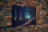 Fireflies light up a mystical fantasy forest at night, framed canvas art, framed print