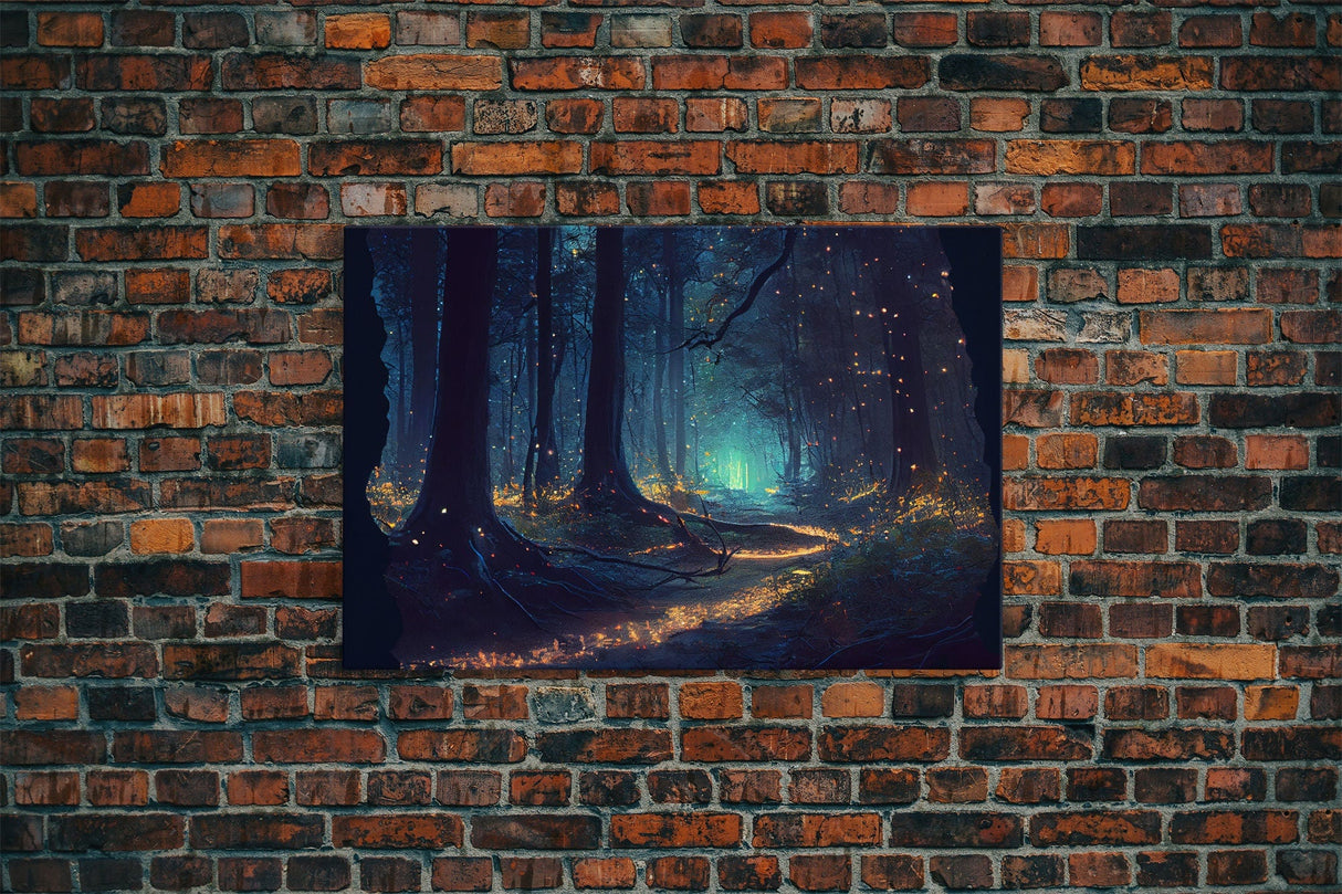 Fireflies light up a mystical fantasy forest at night, framed canvas art, framed print