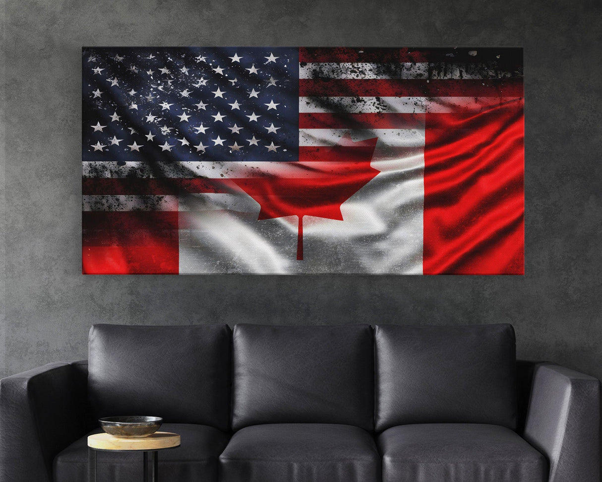 American and Canadian Flag Mashup, Canada Flag, Framed Canvas Print, American Flag Art Patriotic Immigrant Art Heritage Dual Citizenship Art