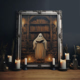 Spooky Ghost Reading A Book, Library Ghost, 8x10 Fine Art Prints, Framed Canvas, Fall Artwork, Cute Halloween Decor