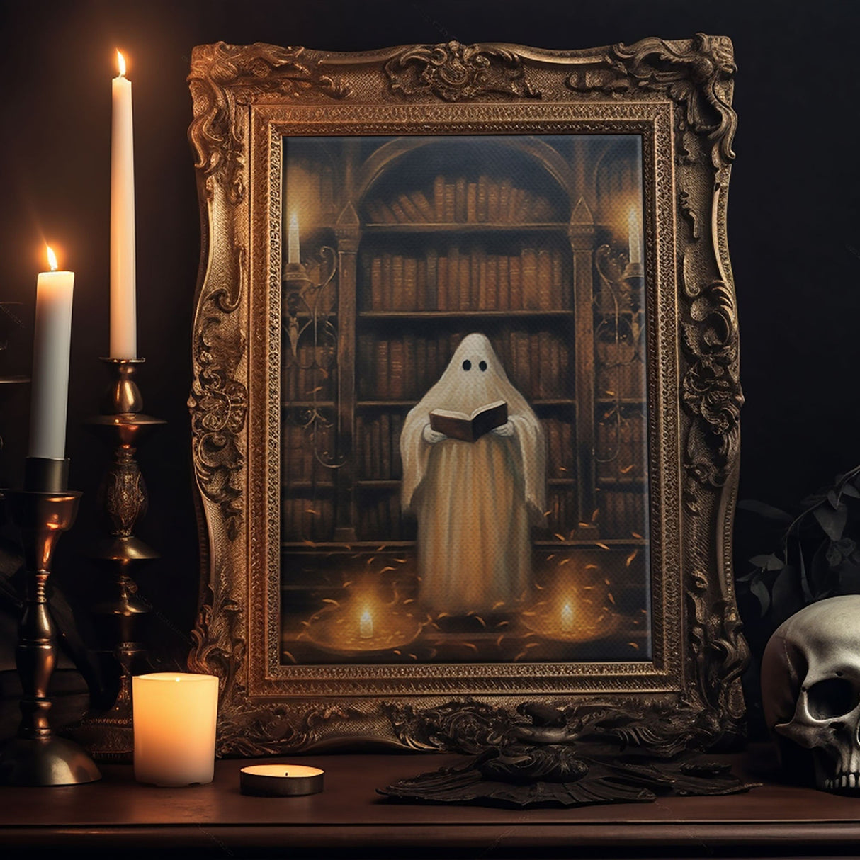 Spooky Ghost Reading A Book, Library Ghost, 8x10 Fine Art Prints, Framed Canvas, Fall Artwork, Cute Halloween Decor