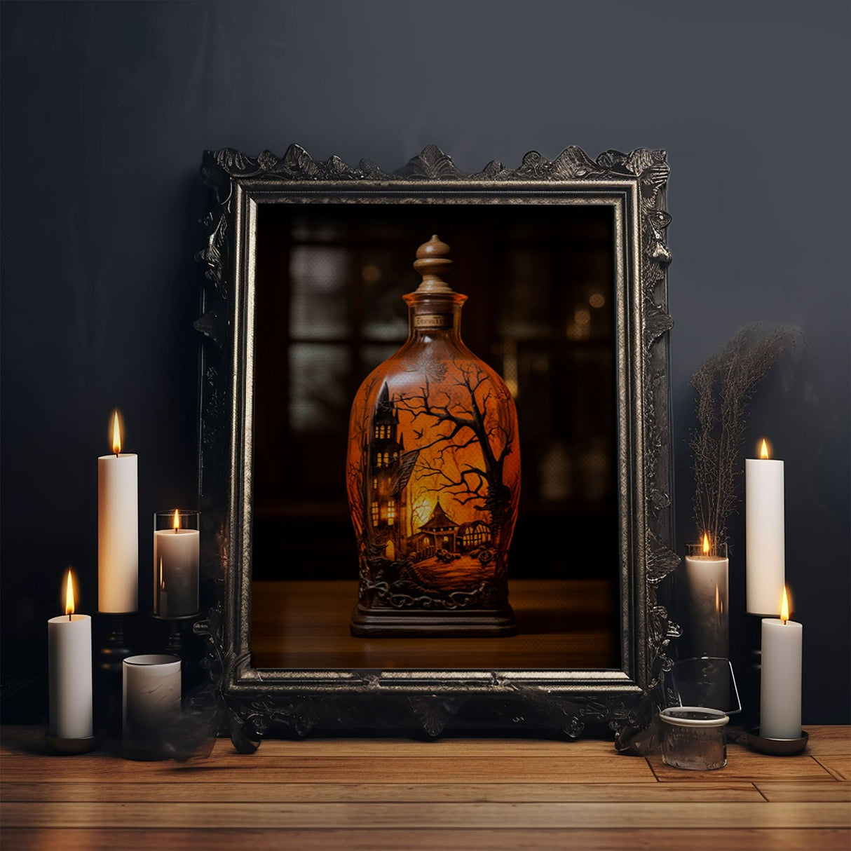 Spooky Jar - Haunted House In A Jar - Mini Worlds - Creepy Halloween Art - Framed Canvas Print