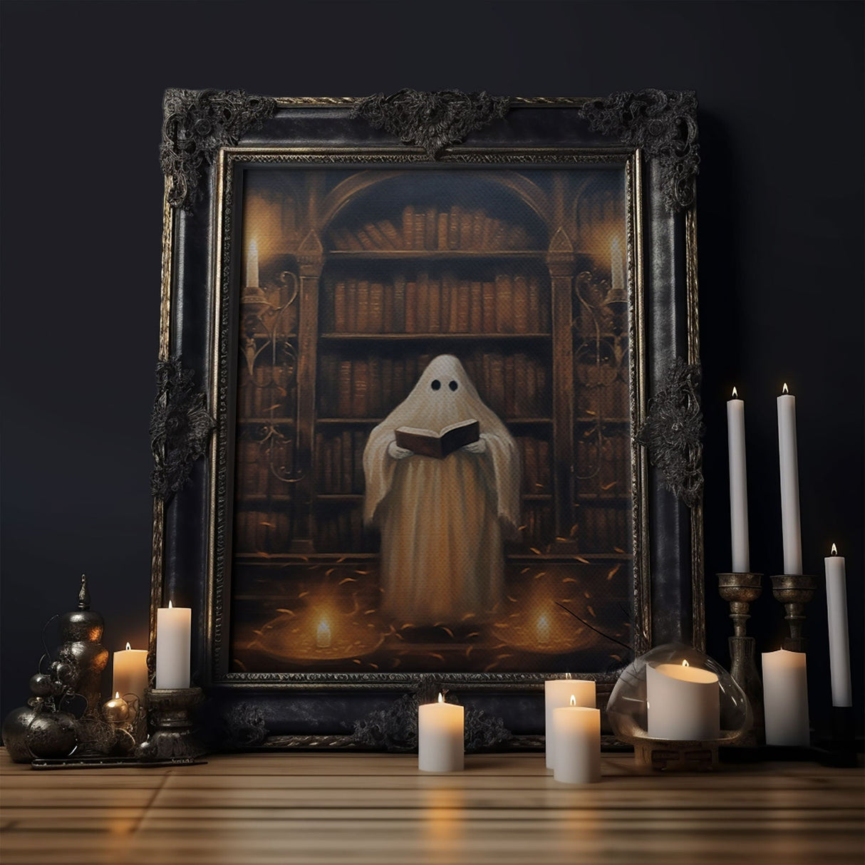 Spooky Ghost Reading A Book, Library Ghost, 8x10 Fine Art Prints, Framed Canvas, Fall Artwork, Cute Halloween Decor