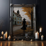 Salem Witch With Her Black Cats, Halloween Landscape Vintage Style Folk  Art, Horror Art, Haunted Church, Spooky Village Halloween Art