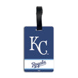 An official Kansas City Royals luggage tag featuring the white 'KC' logo and 'Royals' script wordmark on a royal blue background with a black hanging strap. MLB PVC Luggage Bag Tag