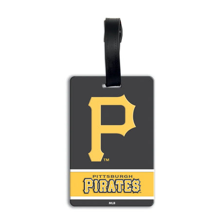 An official Pittsburgh Pirates luggage tag featuring the gold 'P' logo and 'Pittsburgh Pirates' wordmark on a black background with a black hanging strap. MLB PVC Luggage Bag Tag