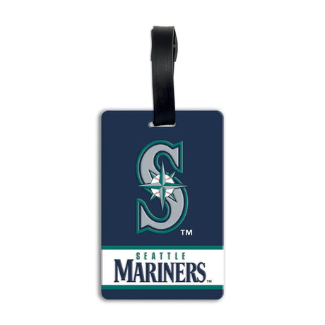 An official Seattle Mariners luggage tag featuring the silver and teal compass 'S' logo and 'Seattle Mariners' wordmark on a navy background with a black hanging strap. MLB PVC Luggage Bag Tag