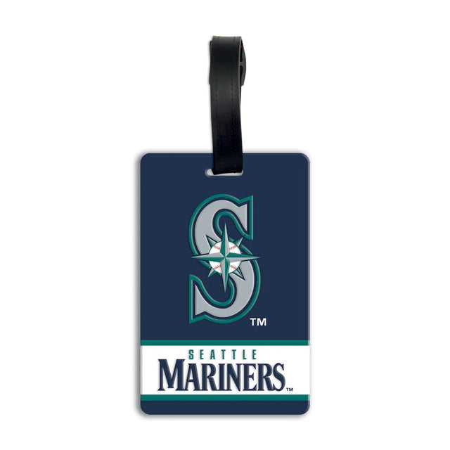 An official Seattle Mariners luggage tag featuring the silver and teal compass 'S' logo and 'Seattle Mariners' wordmark on a navy background with a black hanging strap. MLB PVC Luggage Bag Tag