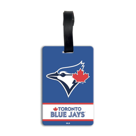 An official Toronto Blue Jays luggage tag featuring the blue jay head logo with maple leaf accent and 'Toronto Blue Jays' wordmark on a blue background with a black hanging strap. MLB PVC Luggage Bag Tag