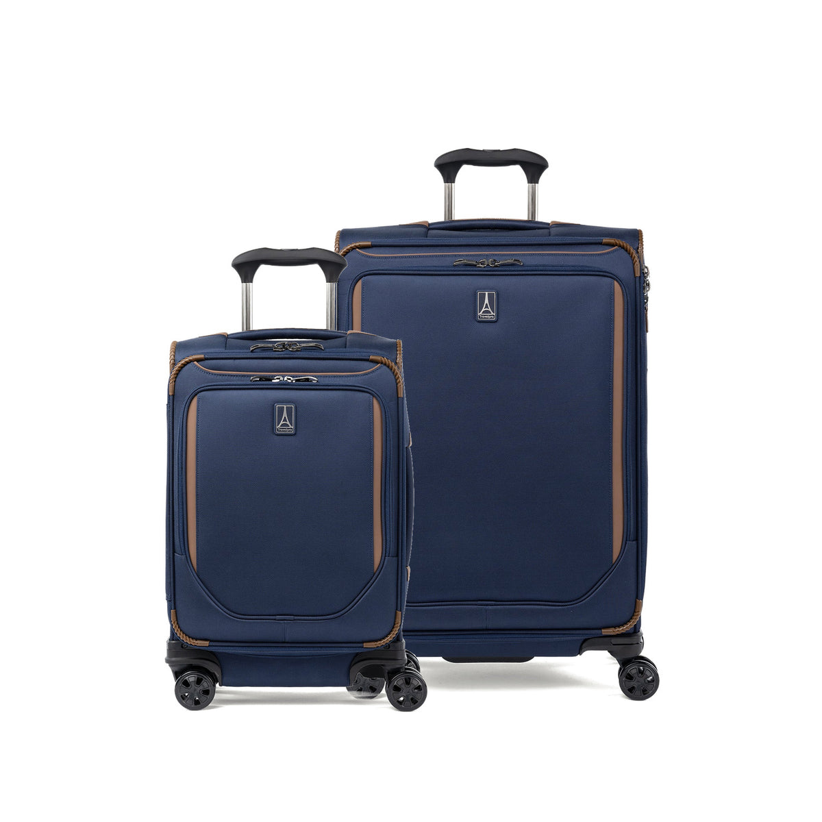 Travelpro Crew Classic 2-piece expandable spinner luggage set in Patriot Blue: compact carry-on and medium check-in bag