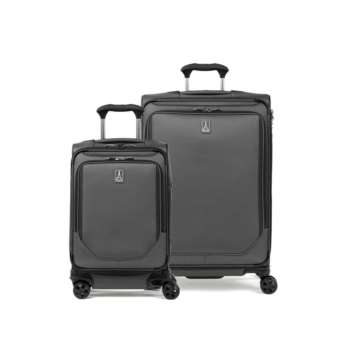 Travelpro Crew Classic 2-piece expandable spinner luggage set in Titanium Grey: compact carry-on and medium check-in bag