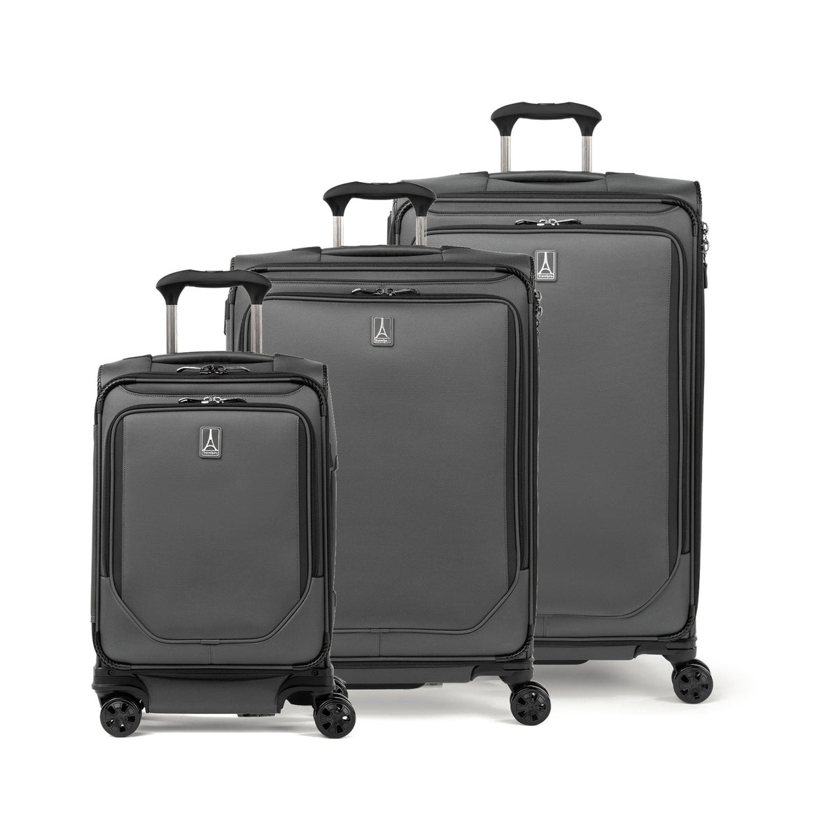 Travelpro Crew Classic 3-piece expandable spinner luggage set in Titanium Grey: 22-inch carry-on, medium and large check-in bags