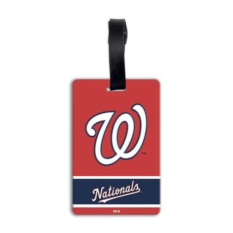 An official Washington Nationals luggage tag featuring the white script 'W' logo and 'Nationals' script wordmark on a red background with a black hanging strap. MLB PVC Luggage Bag Tag