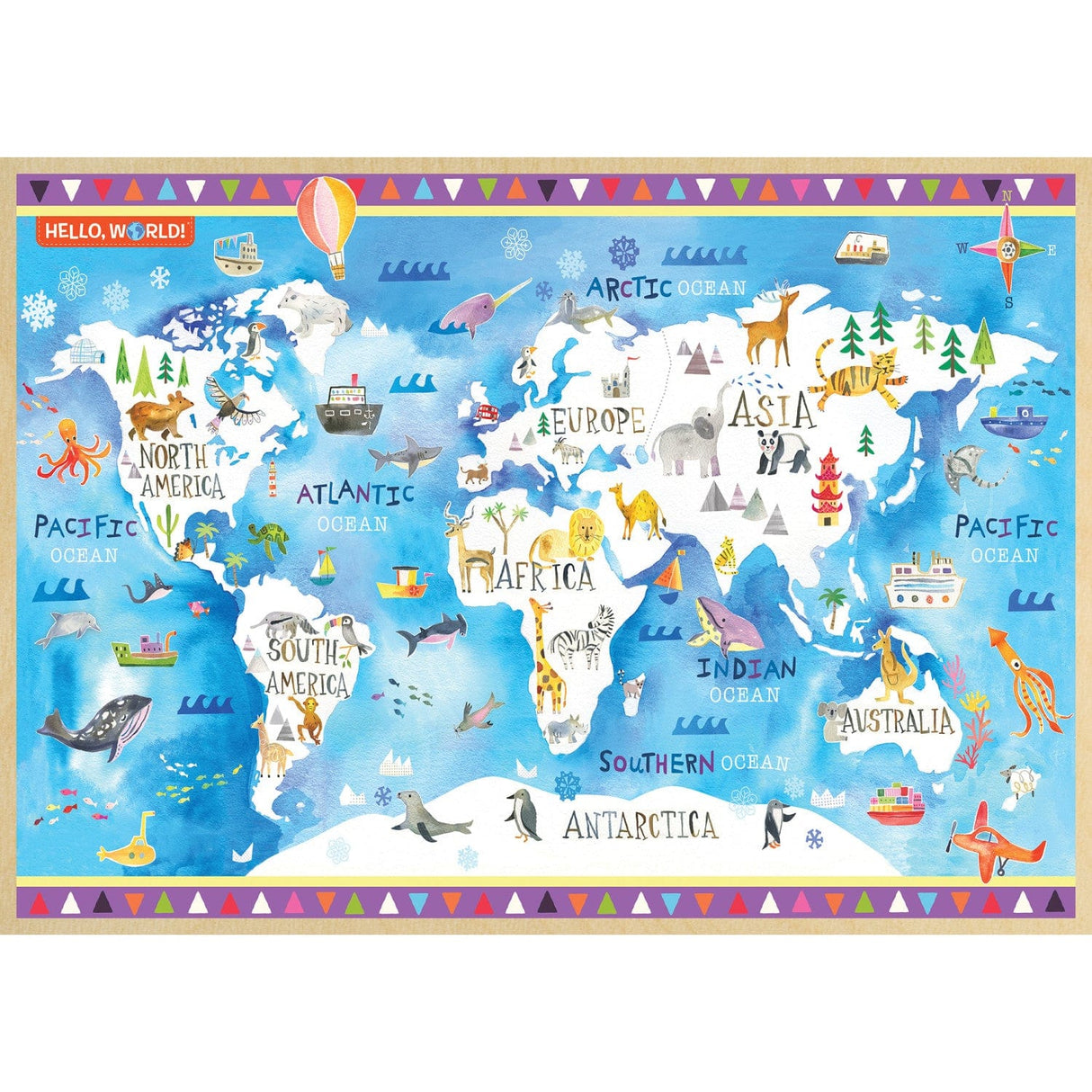 Hello, World! - World Map 60 Piece Wood Jigsaw Puzzle